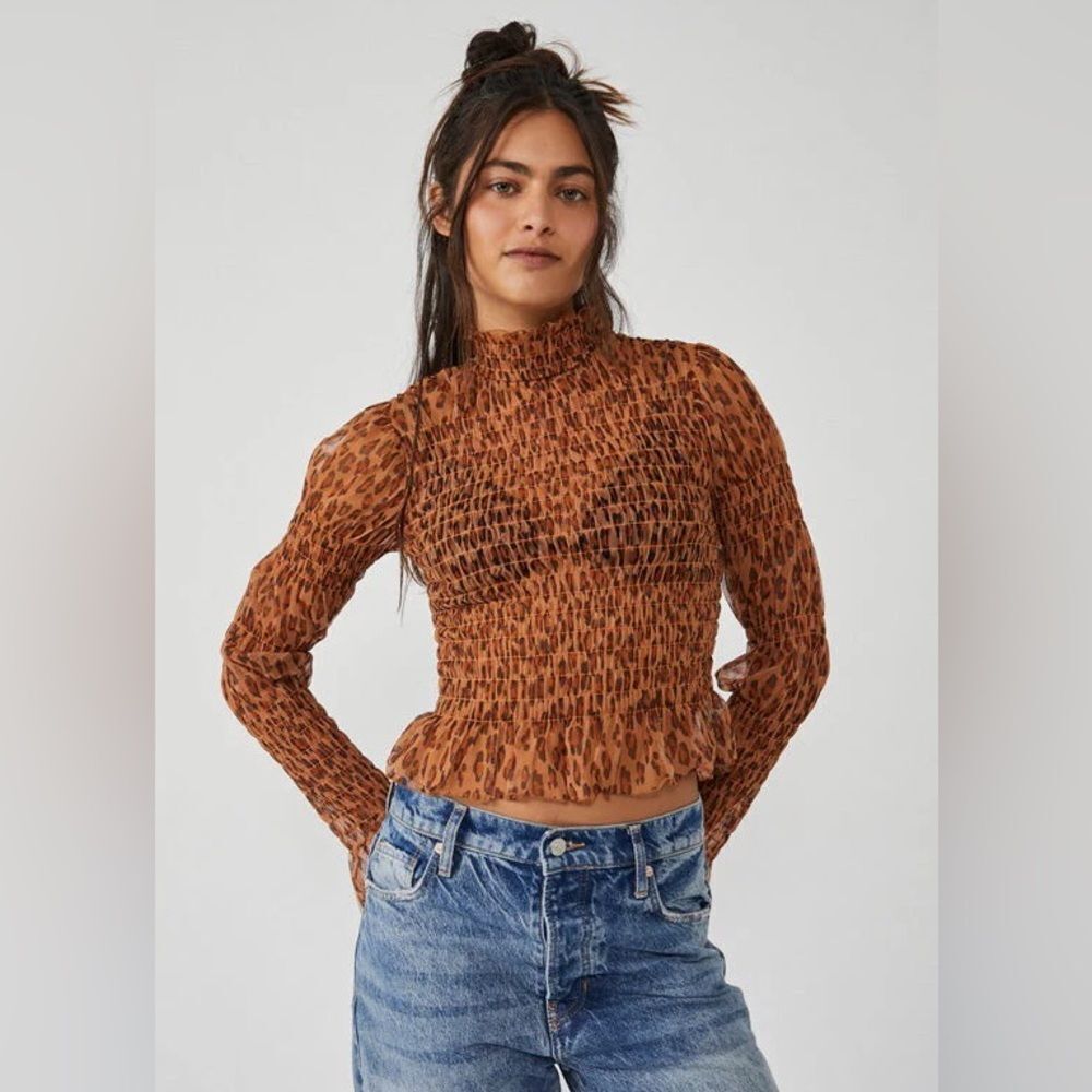 FREE PEOPLE Sheer Leopard Print Smocked Long Sleeve Top Mock Neck Size XS New